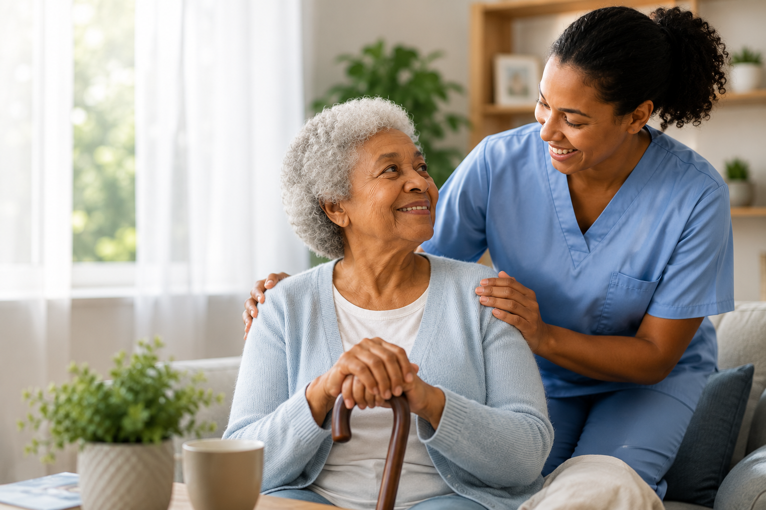 Professional caregiver providing compassionate support to an older adult at home