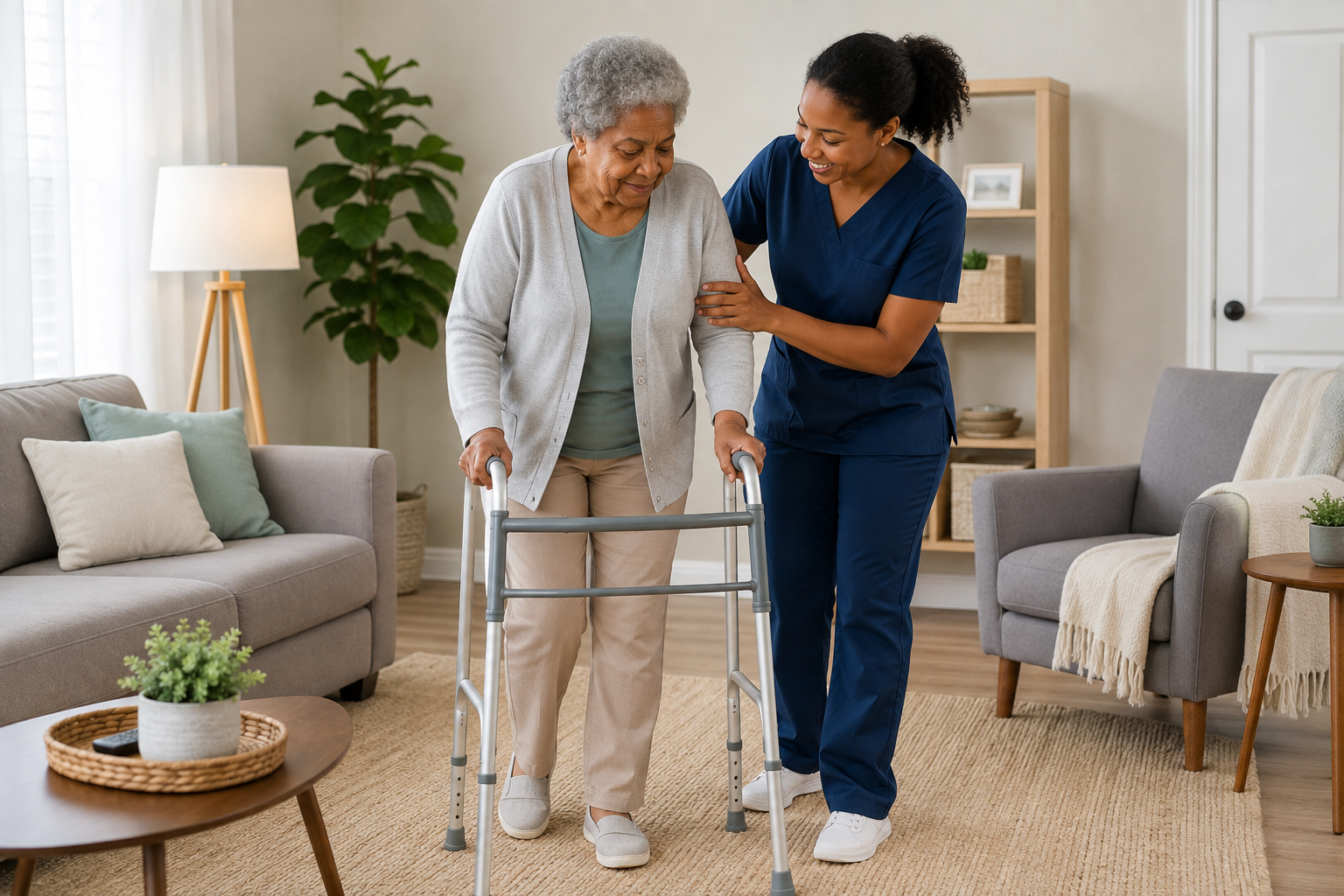 Senior receiving safe mobility assistance at home