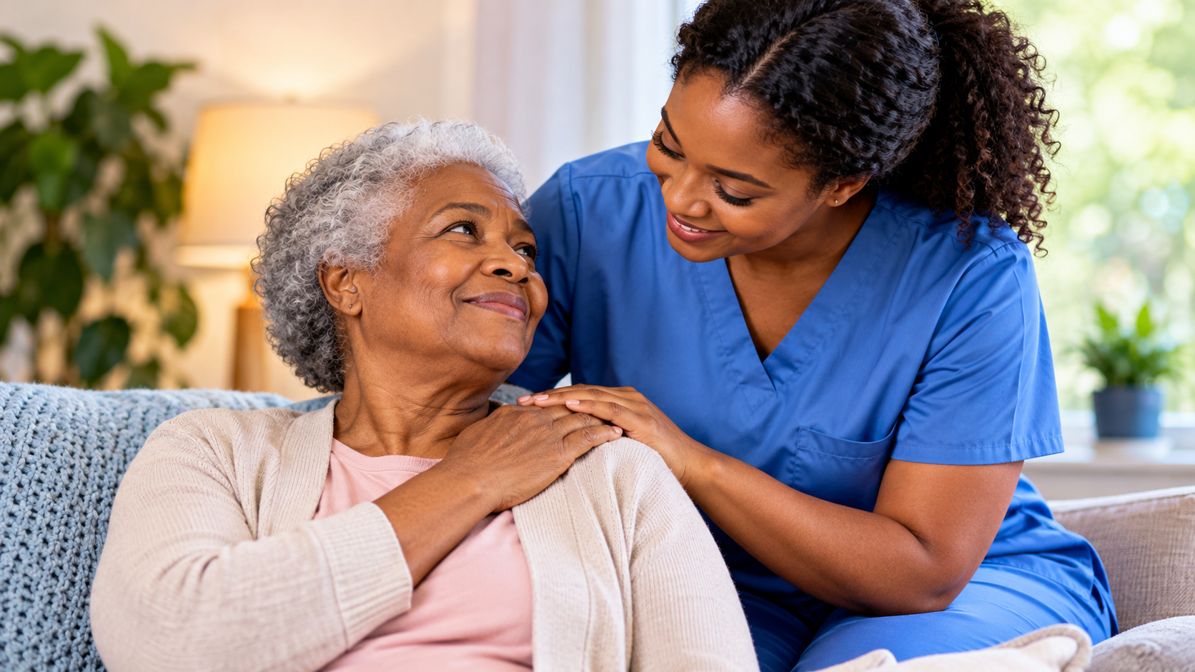 Compassionate caregiver supporting an older adult at home